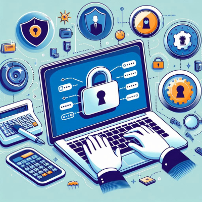 키보드를 입력하는 손과 보안 시스템 인터페이스.