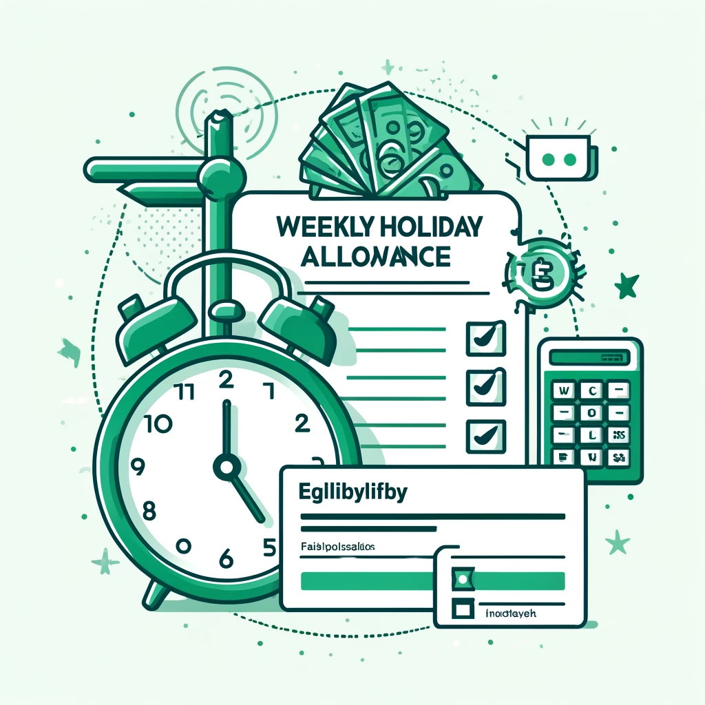 주휴수당(Weekly Holiday Allowance)의 중요성을 강조하는 인포그래픽&amp;#44; 근로시간 시계&amp;#44; 급여 명세서&amp;#44; 체크리스트 포함