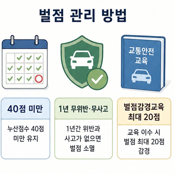 처분벌점 40점 미만에서 1년간 무위반·무사고인 경우와 벌점감경교육 제도를 함께 정리한 이미지