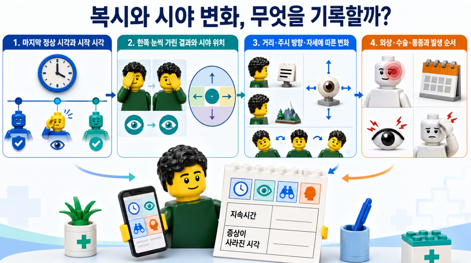 복시와 시야 변화 발생 시 시작 시각&middot;눈별 가림 결과&middot;주시 방향&middot;외상 정보를 기록하는 방법