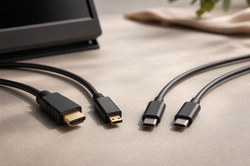 HDMI to Mini HDMI 케이블과 USB C to C 케이블을 나란히 놓고 단자 모양을 비교한 사진
