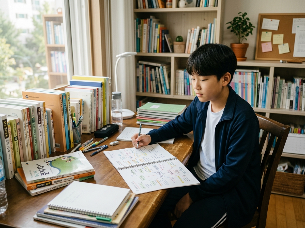 중학생이 시험 계획을 세우는 모습