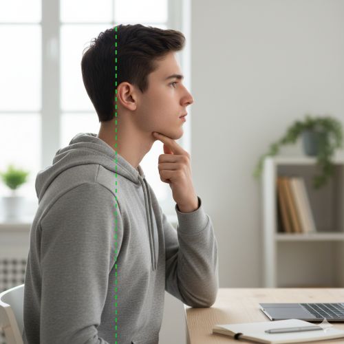 책상에 앉아 허리를 바로 펴고 정면을 응시하며 손가락으로 턱을 뒤로 미는 올바른 친 턱 스트레칭 자세