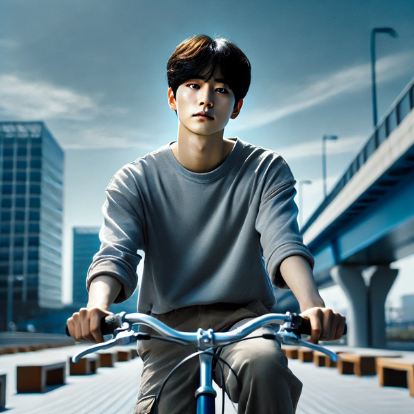 한국드라마. 자전거를 타고 가는 젊은 남자 주인공이 슬픈 표정을 짓고 있다