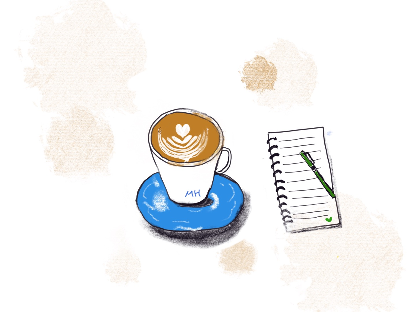 커피 라떼과 그 옆에 노트와 볼펜이 있는 그림