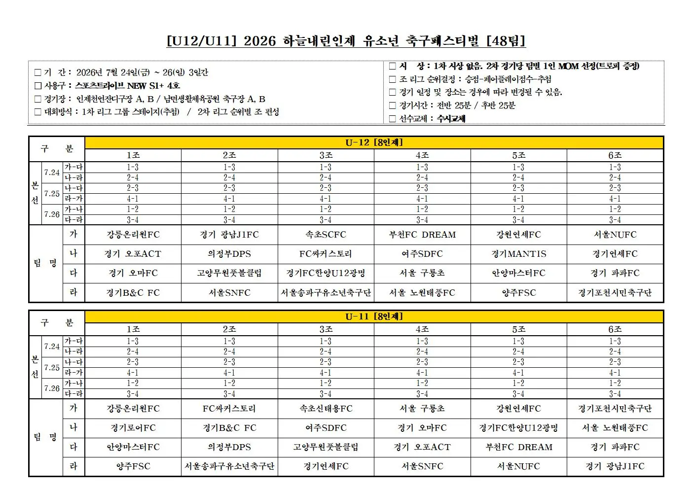 2026 하늘내린인제 유소년 축구 페스티벌 조편성 및 경기 일정(7월 24일 ~ 30일)