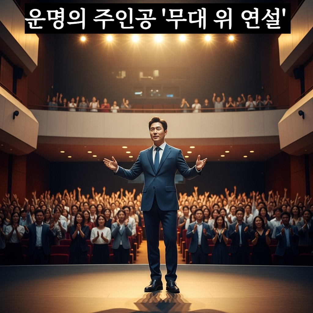 수많은 청중이 가득 찬 현대적인 강당의 밝은 조명 아래서 자신감 넘치는 표정으로 연설하는 한국인 남성의 뒷모습과 열렬히 기립박수를 보내는 관객들