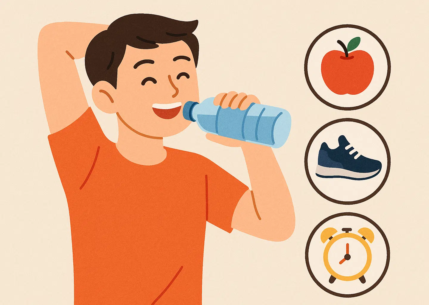 밝은 표정으로 물을 마시고 가벼운 스트레칭을 하는 사람