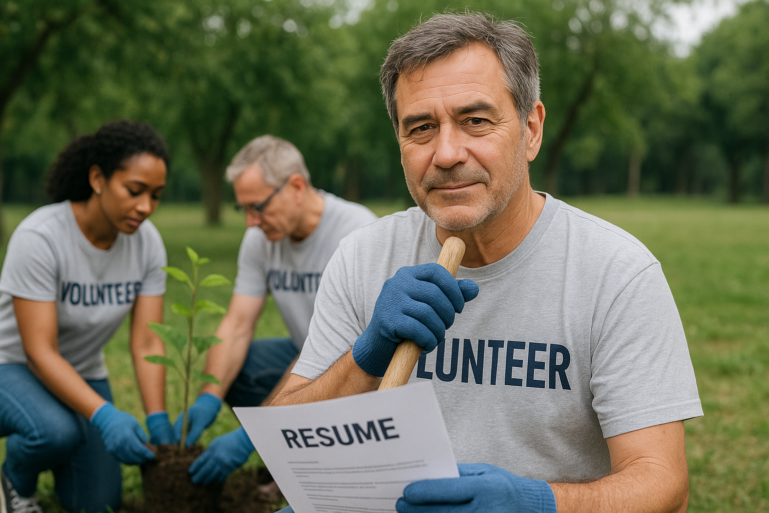 재취업을 준비하며 야외 봉사 활동에 참여한 중장년 남성의 밝은 모습