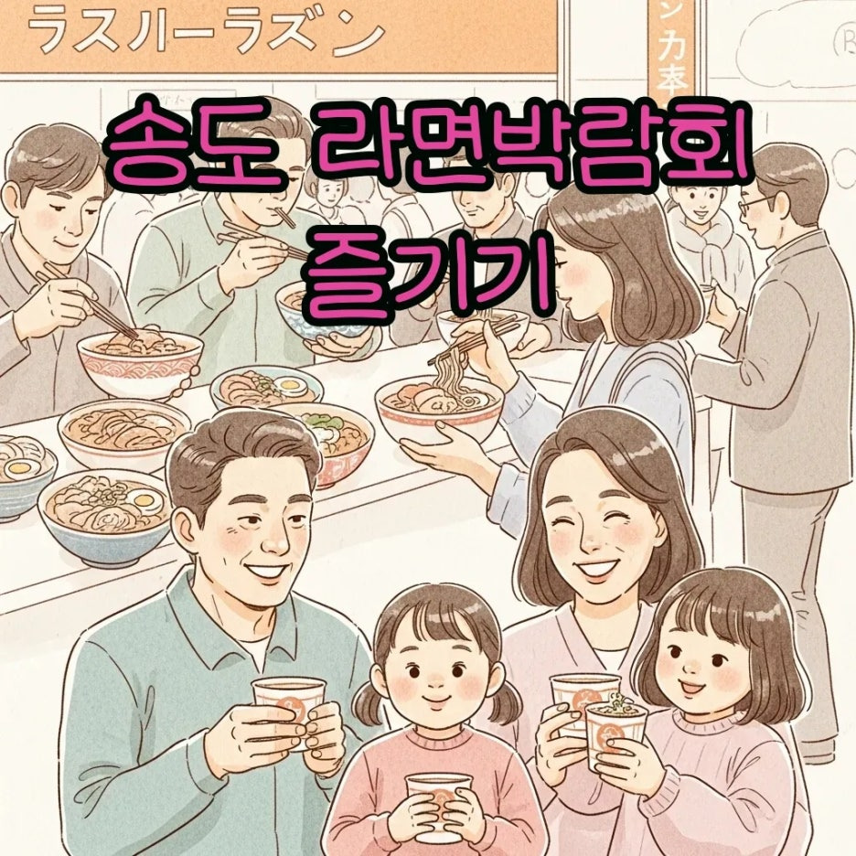 라면박람회에서 즐겁게 시식하는 가족의 모습
