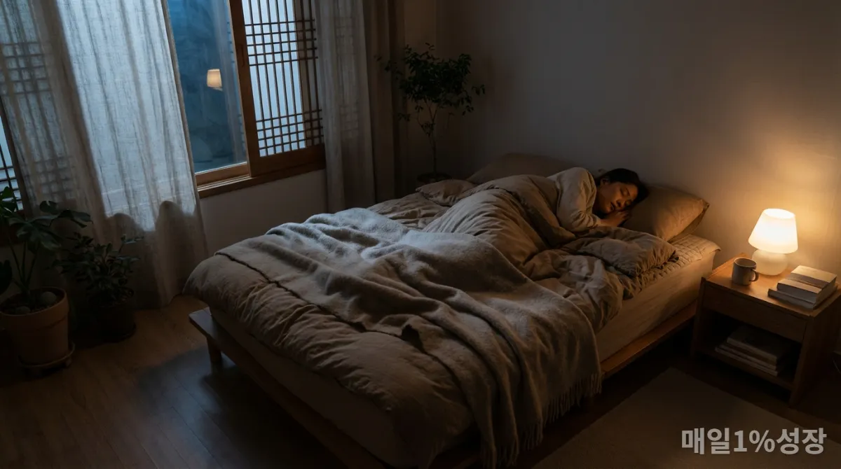 어둡고 아늑한 침실에서 숙면을 취하는 사람의 모습