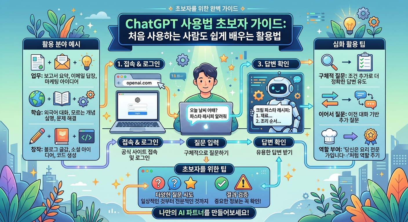이미지 설명: ChatGPT 사용법 초보자 가이드! 처음 사용하는 사람도 쉽게 배우는 활용법