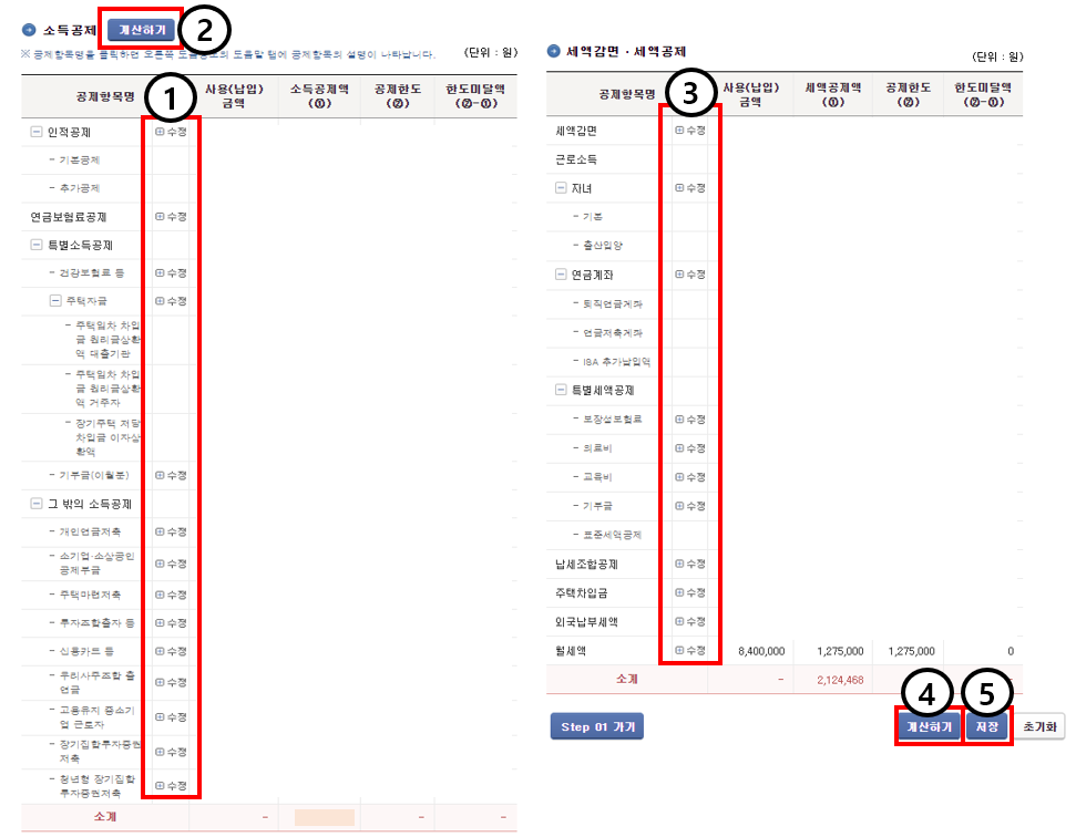 스텝2. 연말정산 예상세액 계산하기 입력 방법입니다