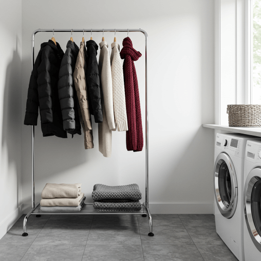 겨울옷이 옷걸이에 걸려있는 사진