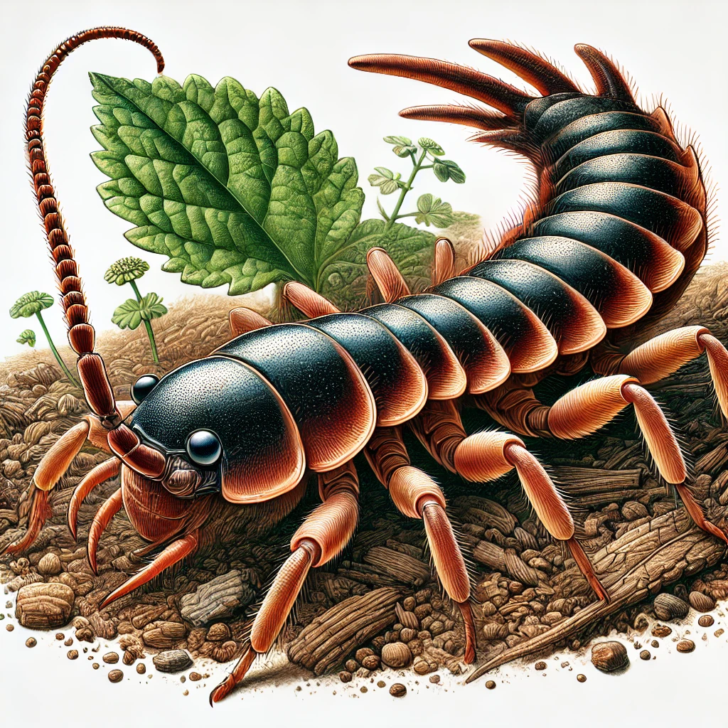 이 이미지는 유럽 가위벌레(Forficula auricularia)의 자세한 일러스트입니다. 가위벌레의 독특한 특징인 배 끝의 집게 모양과 분절된 몸체, 더듬이가 강조되어 있습니다. 배경은 정원 환경으로, 나뭇잎, 흙, 작은 식물들이 어우러져 가위벌레가 자연 속에서 움직이거나 탐색하는 듯한 모습이 표현되어 있습니다. 가위벌레의 외골격의 질감과 다리의 세밀한 부분까지 섬세하게 묘사되어 있습니다.