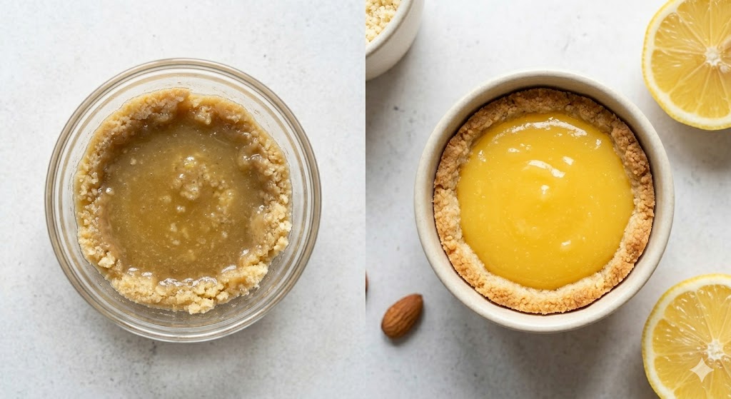 다이어트 레몬 타르트 만들기 실패와 성공 비교 사진. 왼쪽은 필링이 굳지 않아 흐르는 실패 사례, 오른쪽은 도우가 바삭하게 구워지고 필링이 탱글하게 고정된 성공 사례.