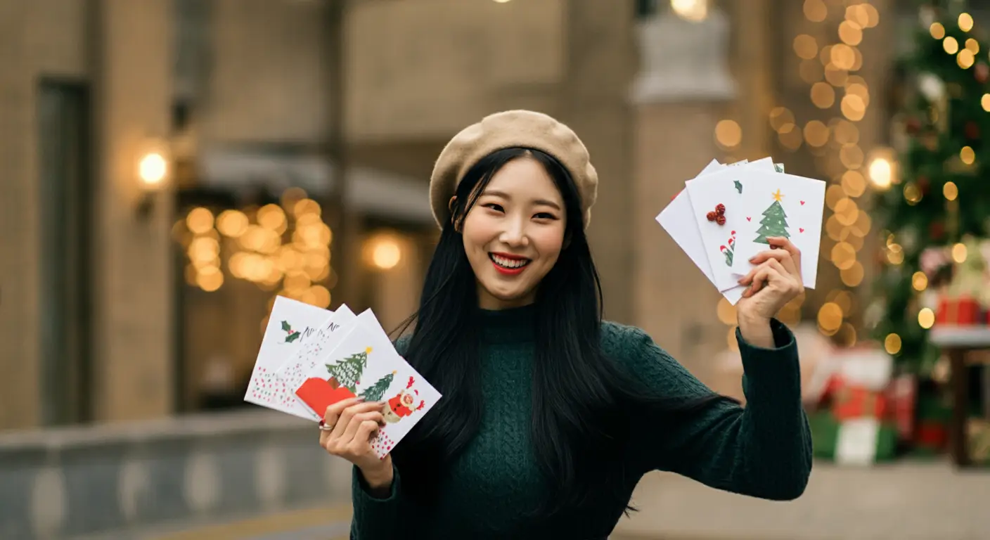 크리스마스 카드를 들고 있는 여성