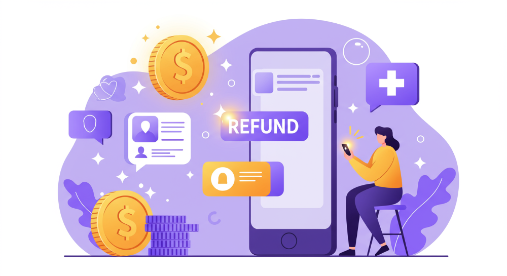 스마트폰으로 국민건강보험 환급금을 조회하며 기뻐하는 사람의 모습, 건강보험 심볼과 돈다발 아이콘이 배경에 빛나고 있음