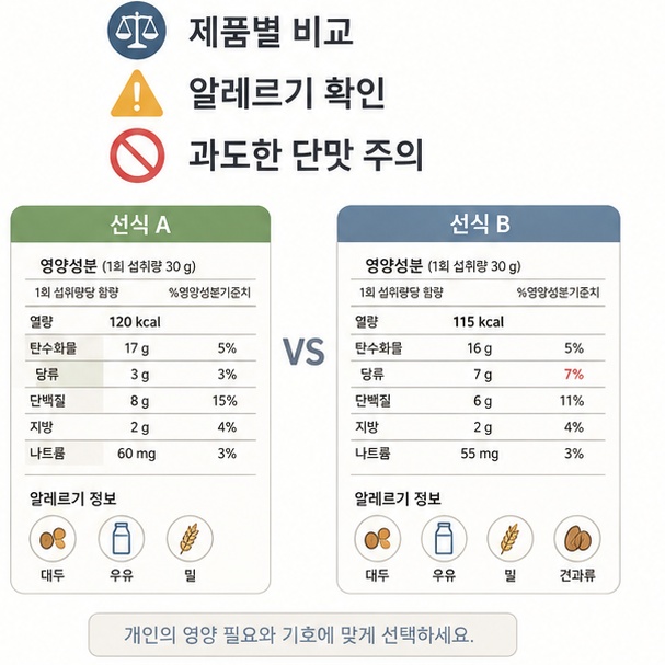 여러 선식 제품의 영양성분과 알레르기 표시를 비교해 자신의 식사 목적에 맞게 선택하는 모습을 보여주는 그림