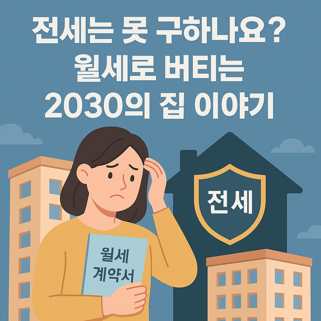 서울의 아파트와 전세 아이콘을 배경으로, 월세 계약서를 들고 고민하는 청년 여성의 일러스트 이미지.
&lsquo;전세는 못 구하나요? 월세로 버티는 2030의 집 이야기&rsquo;라는 문구가 포함되어 있으며, 청년 주거 불안과 전세의 월세화 현상을 상징적으로 표현.