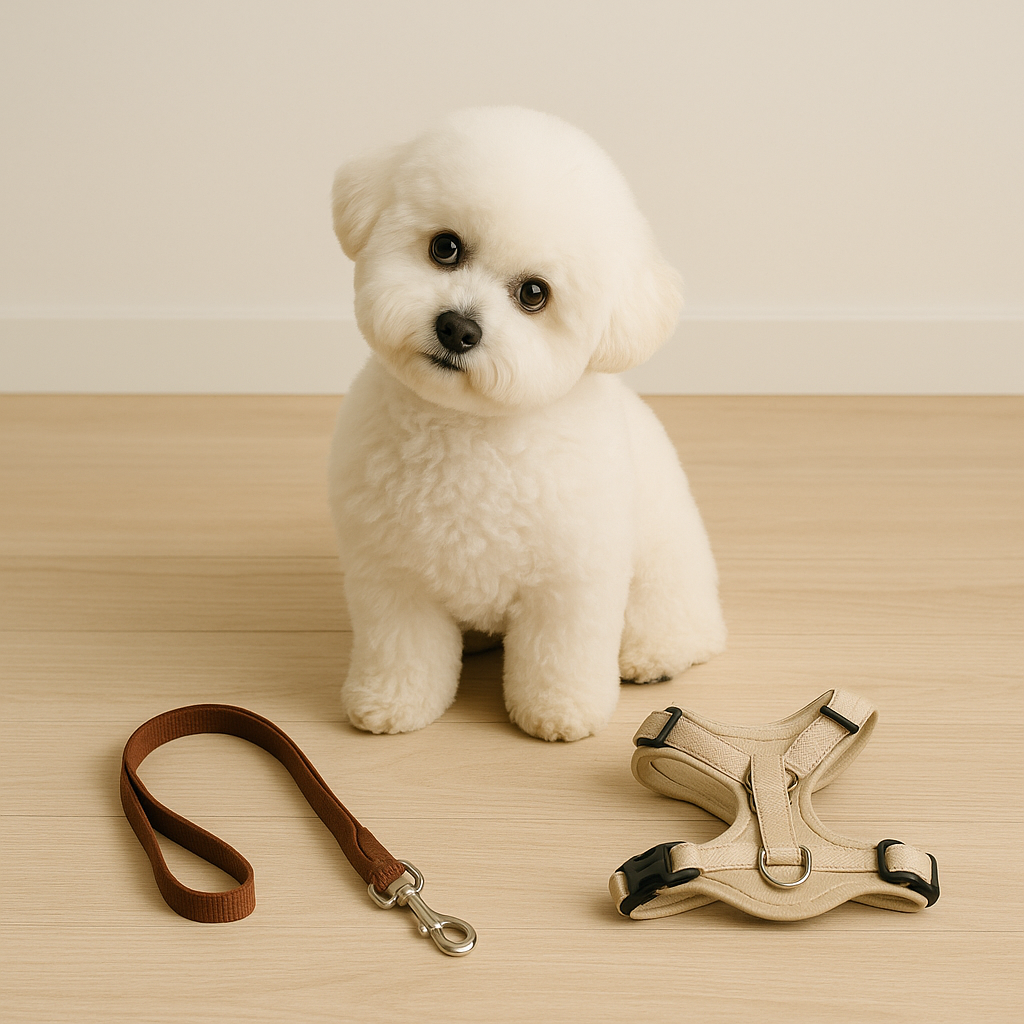 하네스와 목줄을 놓고 어느 것을 고를지 고개를 갸우뚱 한채 고민하고 있는 강아지 모습