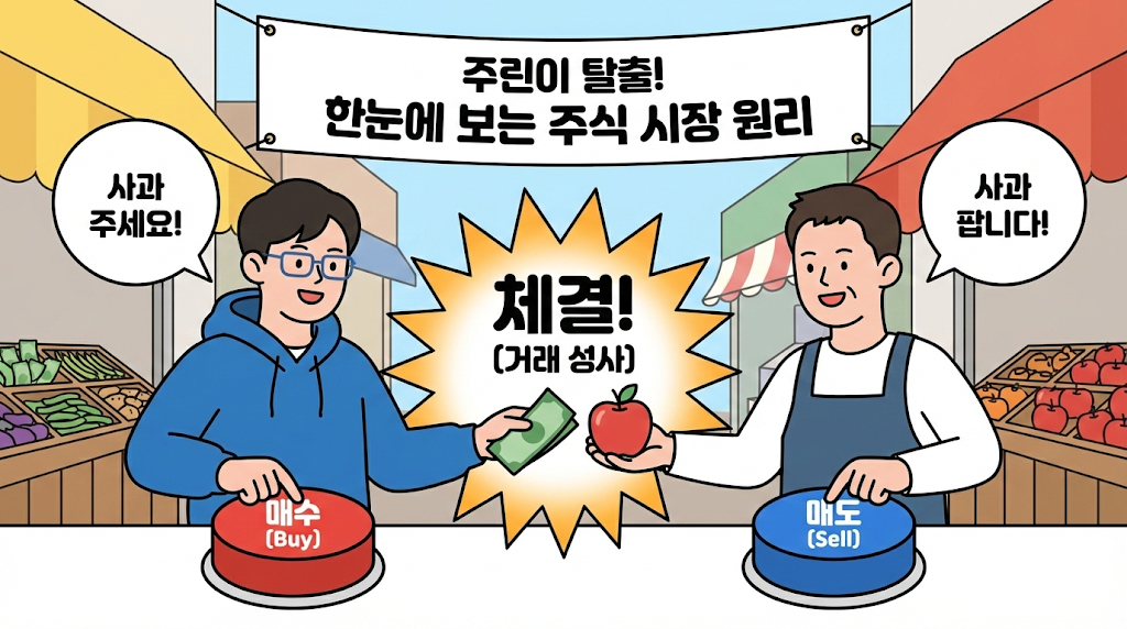 "버튼 누르면 바로 사지는 거 아니었어?" 주린이가 가장 많이 하는 오해, '매수·매도·체결'의 비밀 (ft. 사과 장수 이야기)