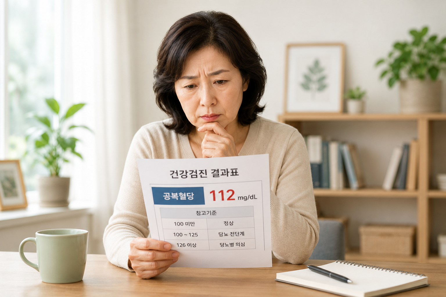 건강검진에서 공복혈당이 높게 나와 걱정하는 중년 여성