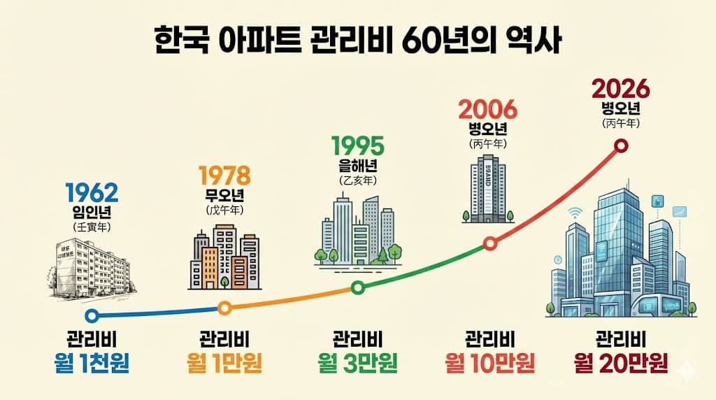 파일명: korea-apartment-management-fee-history-1962-2026-timeline.jpg Alt: 한국 아파트 관리비 역사 타임라인 1962년 임인년부터 2026년 병오년까지, 육십갑자와 관리비 인상 과정