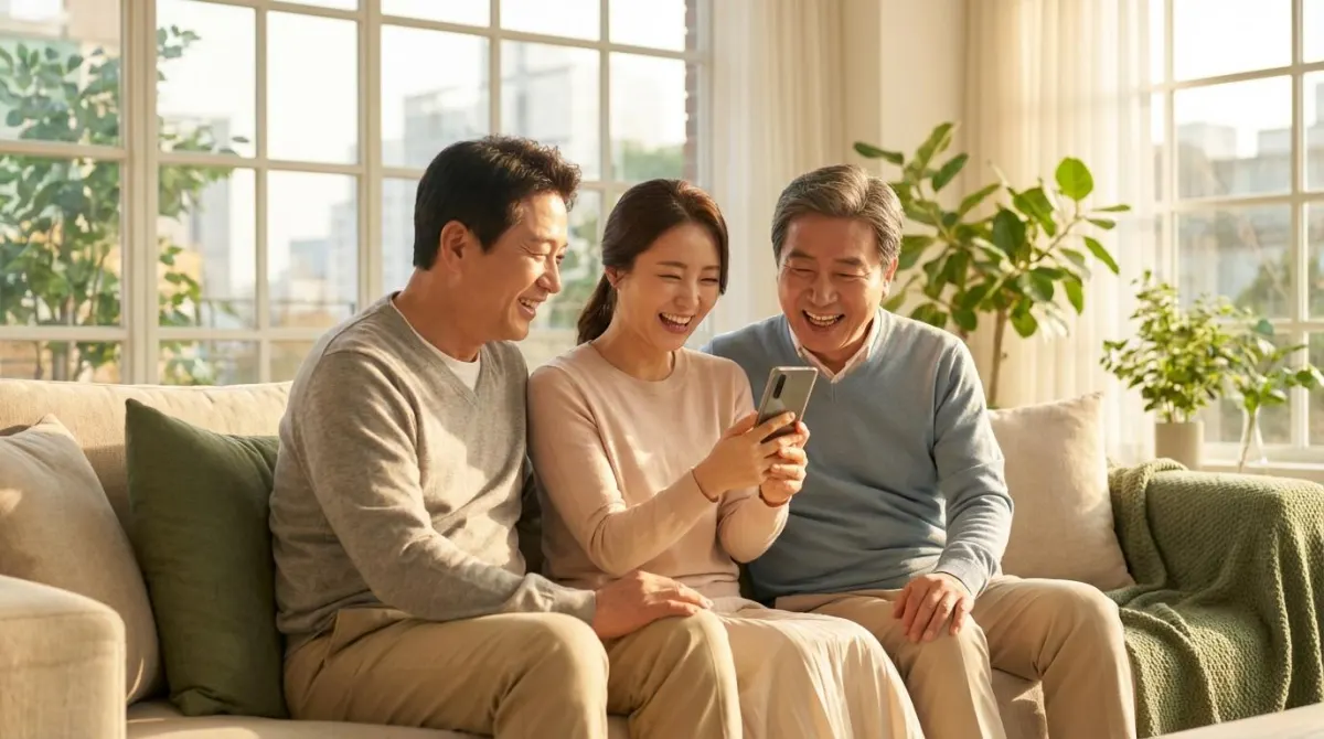 따뜻한 햇살이 내리쬐는 거실에서 스마트폰을 함께 보며 환하게 웃고 있는 한국인 가족의 모습