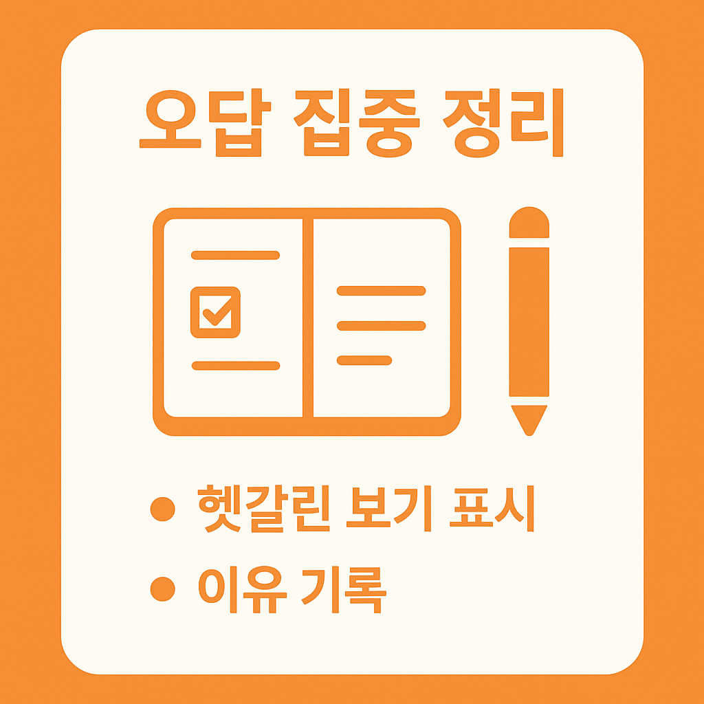 컴활 필기시험 준비 시 헷갈린 보기 표시와 이유 기록으로 학습 효과를 높이는 오답 정리 방법을 담은 인포그래픽