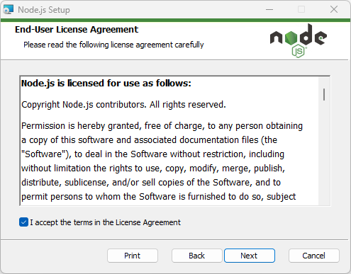 End-User License Agreement 화면 - 라이선스 동의 체크 후 Next