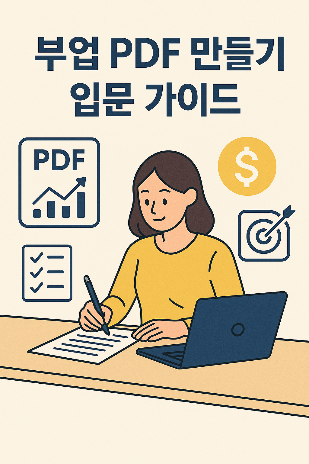 PDF 전자책을 제작하는 사람의 모습을 묘사한 일러스트|부업, 디지털 콘텐츠, 직장인 수익화 키워드 포함