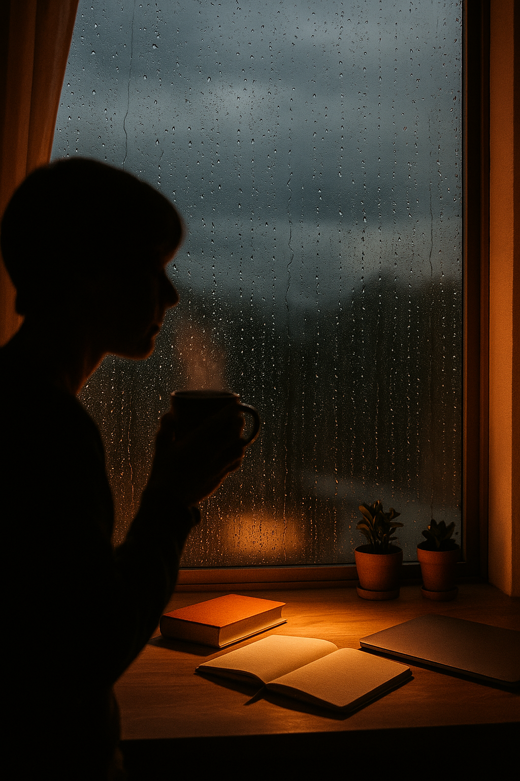 비 오는 창가에서 따뜻한 차 한 잔을 들고 있는 사람의 실루엣