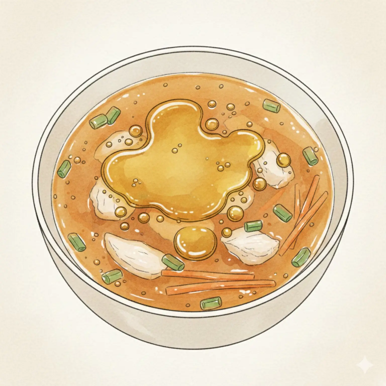 국에 넣은 기름이 재료에 코팅되지 않고 떠 있는 구조