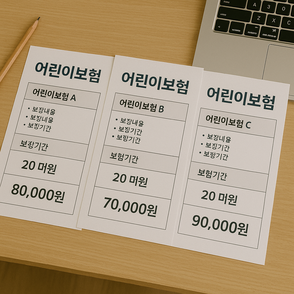 각 보험사의 어린이보험 브로셔를 펼쳐 놓은 책상 위 모습