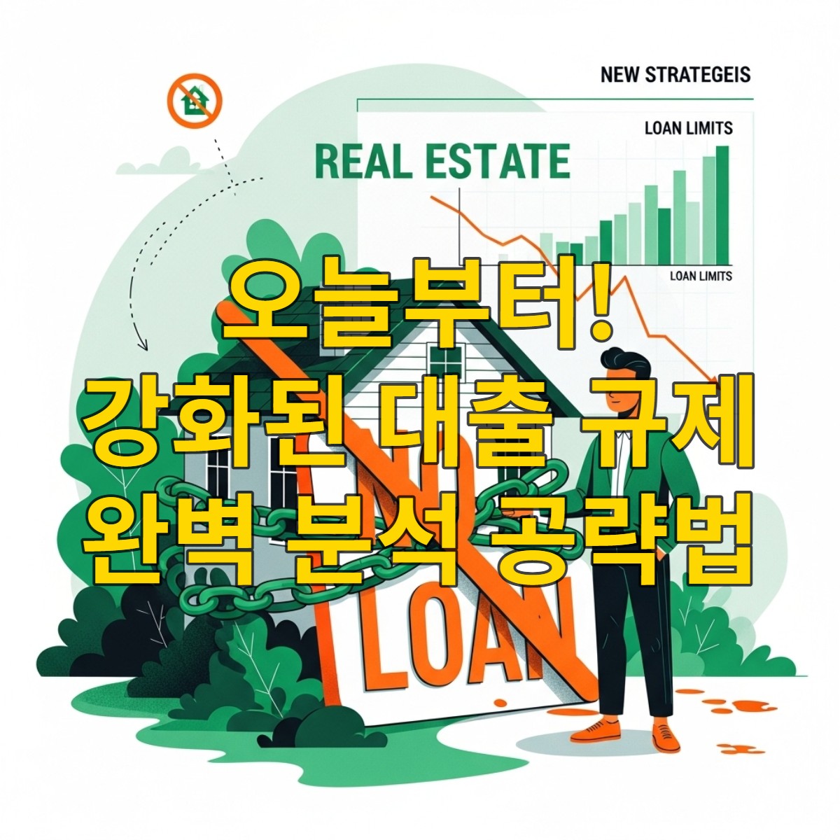 2025년 강화된 부동산 대출 규제로 인해 주택담보대출 한도가 줄어들어 내 집 마련이 어려워진 상황을 상징하는 이미지. 주택 주위에 대출 제한을 나타내는 요소들과 하락하는 그래프가 보입니다.