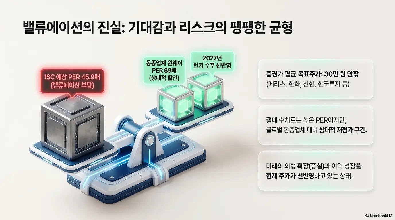 ISC 주가 전망: ISC 밸류에이션의 기대감과 리스크 균형을 저울로 표현한 인포그래픽. 예상 PER 45.9배 부담과 동종업체 윈웨이 69배 대비 상대적 할인&amp;#44; 증권가 평균 목표주가 30만 원 안팎&amp;#44; 2027년 턴키 수주 선반영을 시각적으로 전달함. 