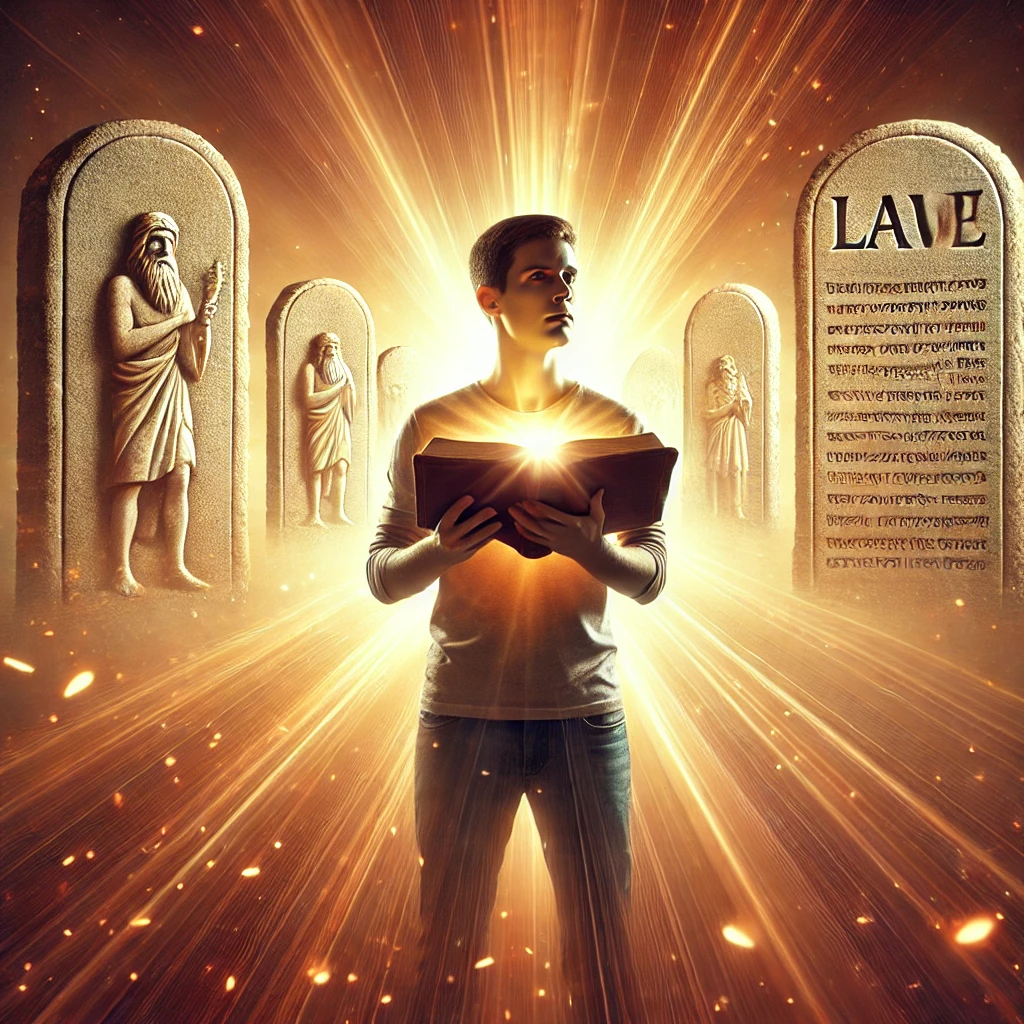 Here is the image representing a person embracing God's promises, meditating on scripture, and moving away from the limitations of the law. The scene captures the strength and assurance that comes from focusing on God's promises through prayer and reflection.