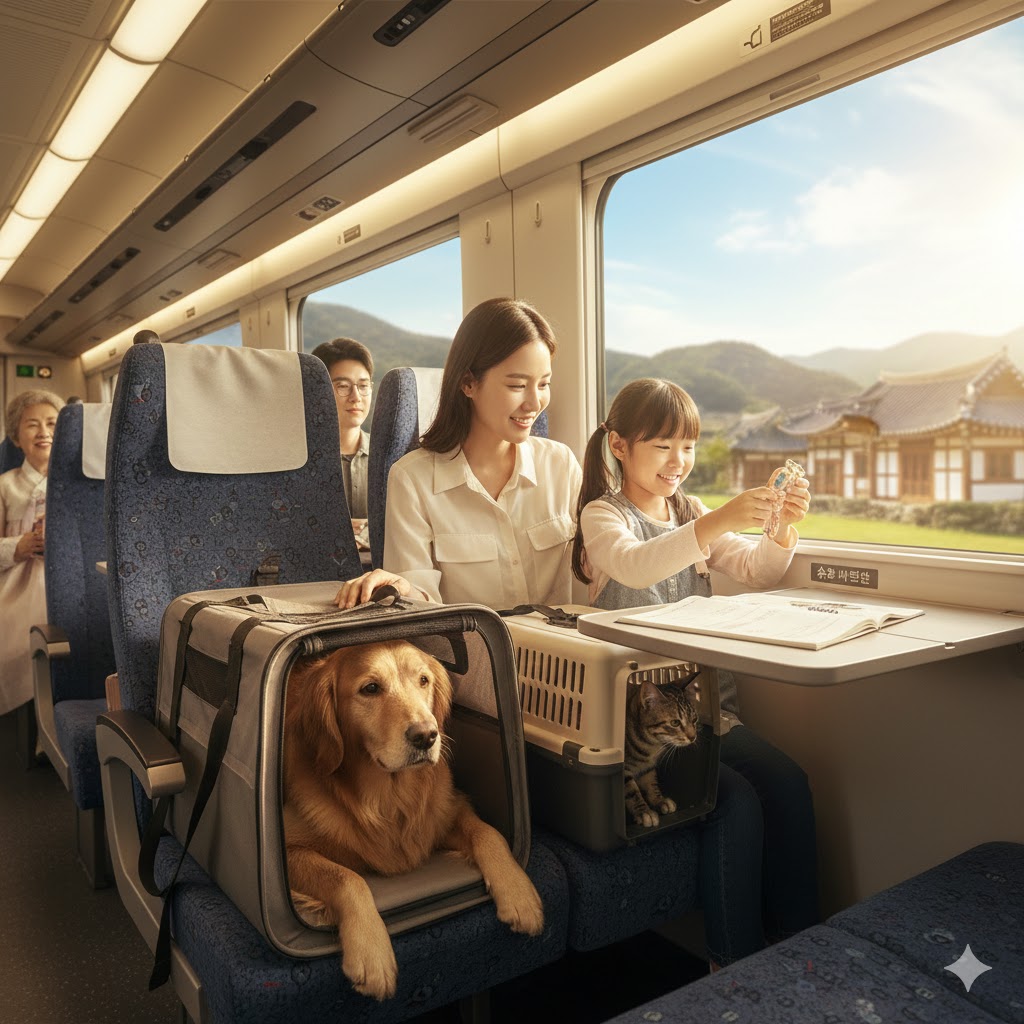 기차로 이동하는 반려동물 사진