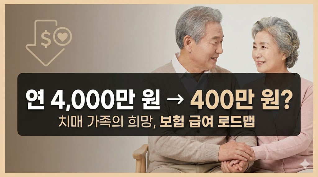 치매 신약 보험 적용 시 예상 비용 절감액과 미소 짓는 노부부 이미지