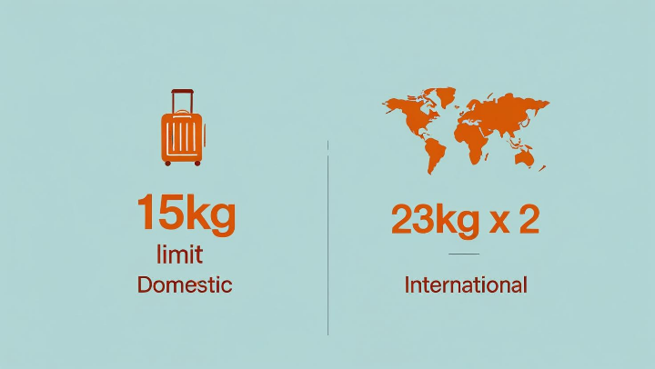 국내선과 국제선 수하물 규정 차이를 비교하는 안내 이미지. 국내선 15kg 제한과 국제선 23kg x 2 허용을 직관적으로 보여줌.