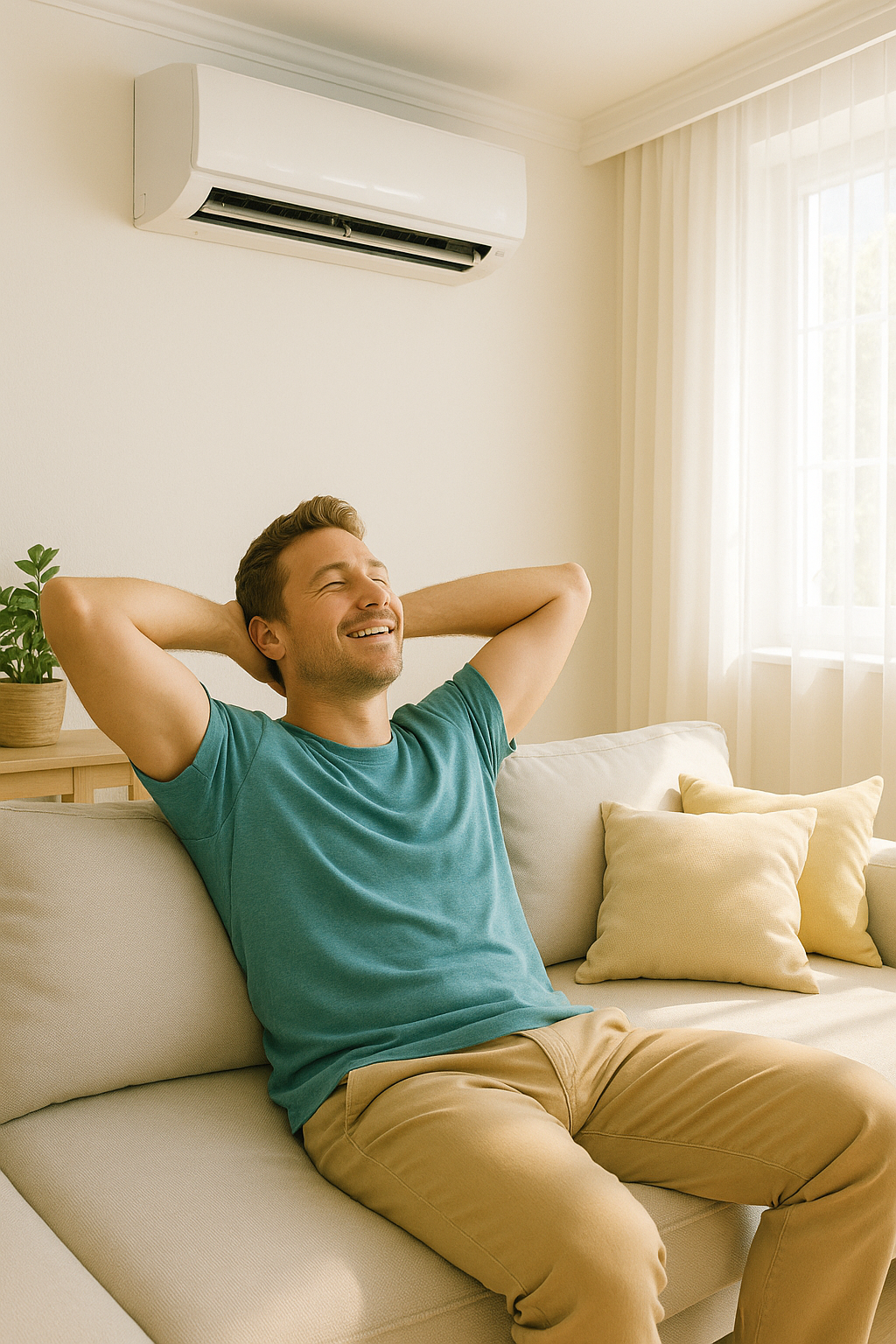 전문 청소 후 깨끗해진 벽걸이 에어컨과 상쾌한 바람을 즐기는 사용자