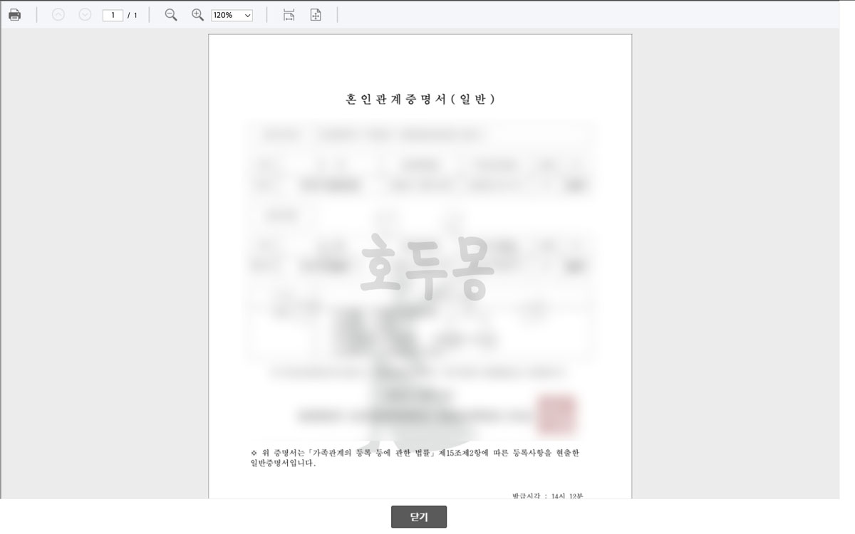 혼인관계 증명서 미리보기