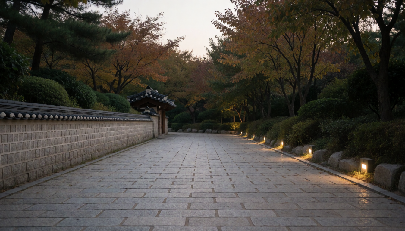 푸른 저녁 하늘 아래 낮은 성곽과 조명이 이어지는 빈 돌길