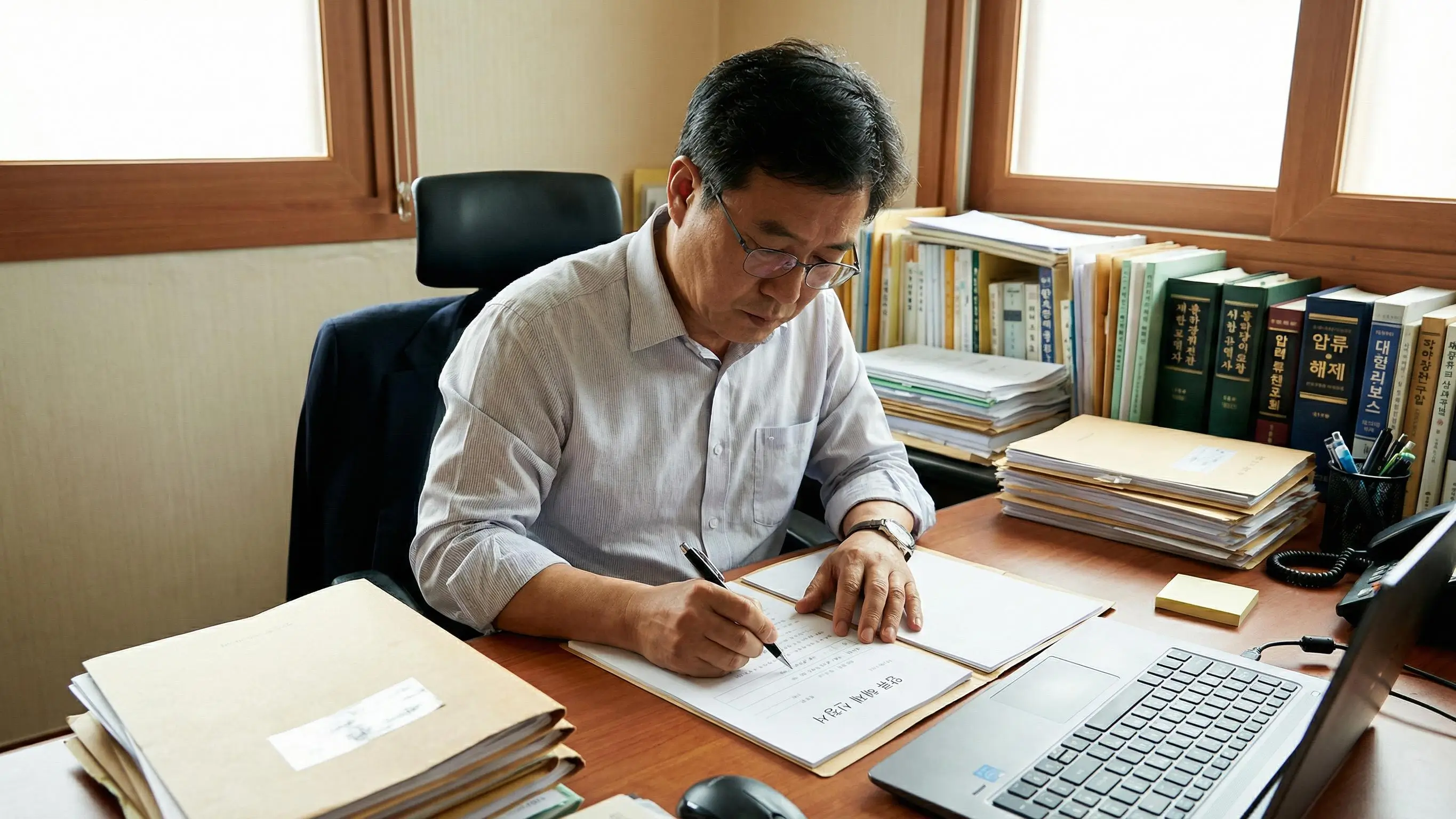 법원에 제출할 서류를 꼼꼼히 준비하고 압류 해제 신청서를 작성하는 진지한 모습