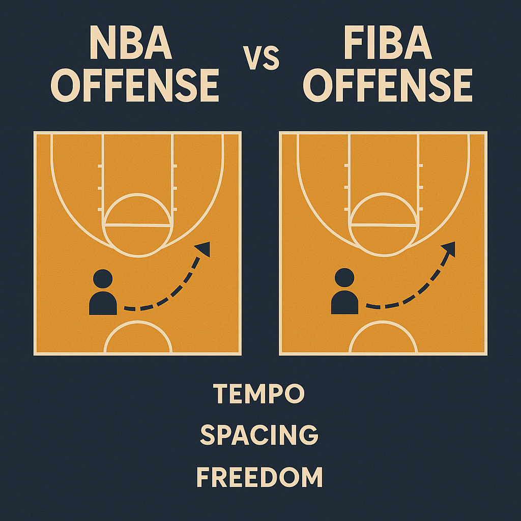 NBA와 FIBA 공격 전술 비교 이미지: 템포, 스페이싱, 자유도를 코트 전개 다이어그램으로 나타낸 대조 인포그래픽