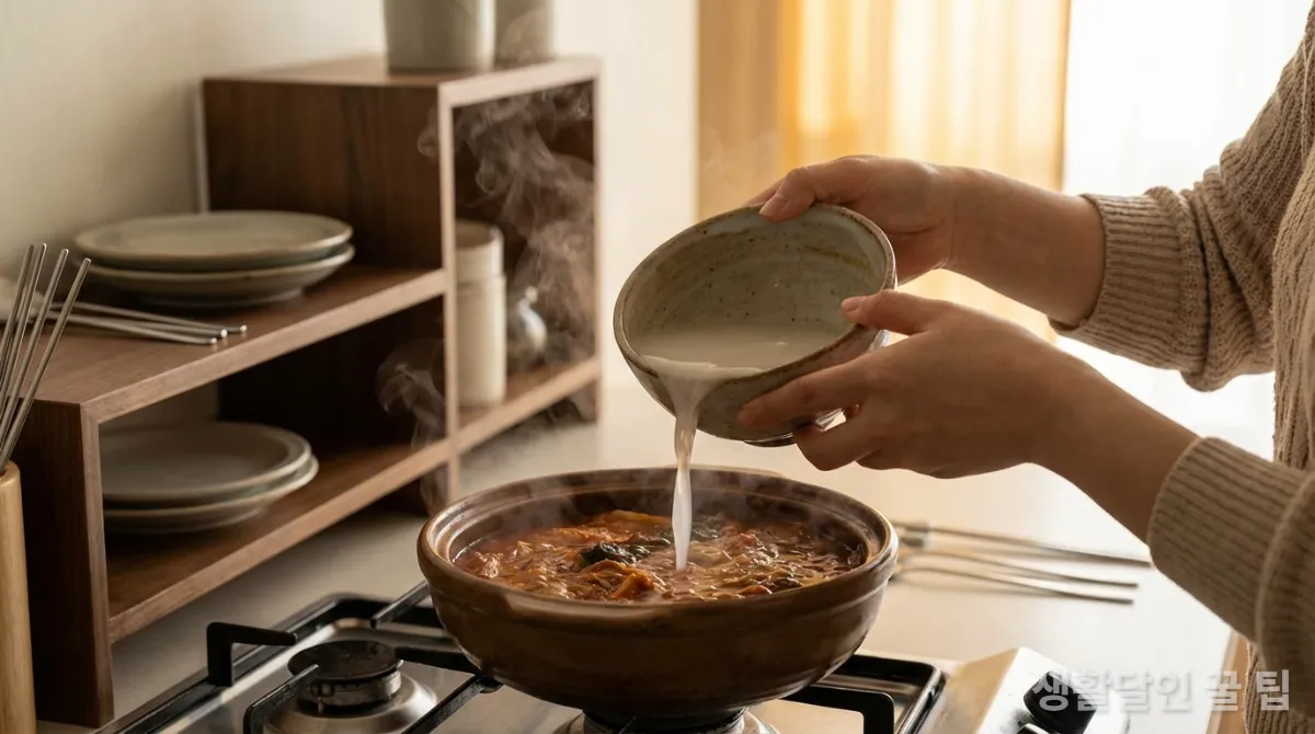 요리에 쌀뜨물을 활용하는 모습