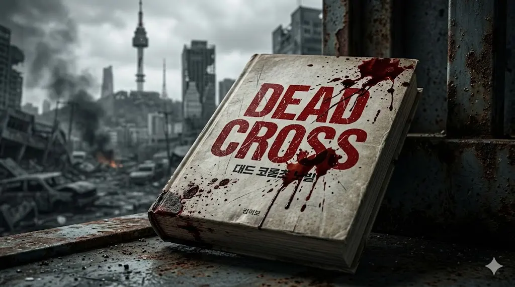 붉은 피가 튄 권민혁 데드 크로스 1권 표지와 무너져 내린 회색빛 아포칼립스 도시 배경