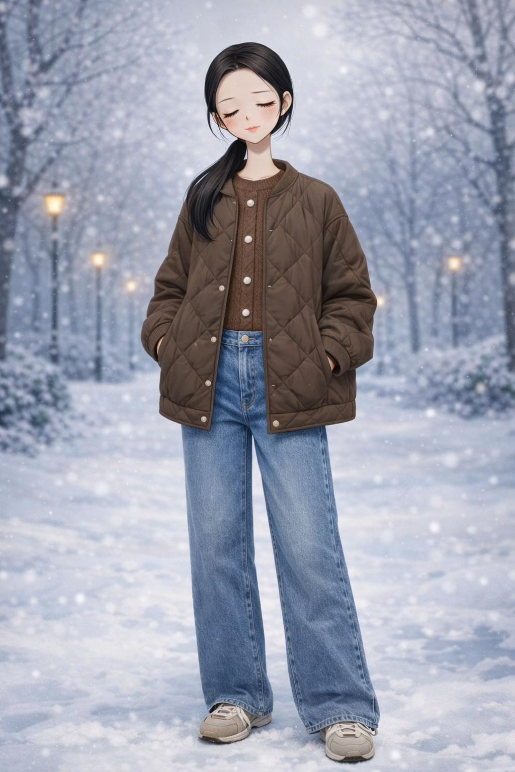 K-Fashion Brown Quilted Jacket With Knit Cardigan And Denim Pants Casual Look