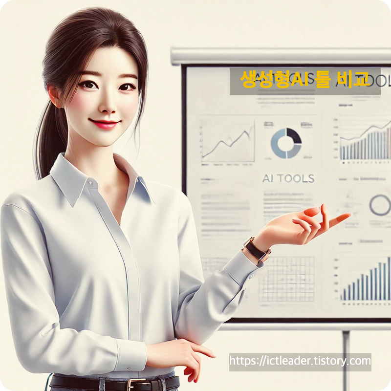생성형 AI 툴 비교 프레젠테이션을 진행 중인 한국인 여성 전문가의 이미지